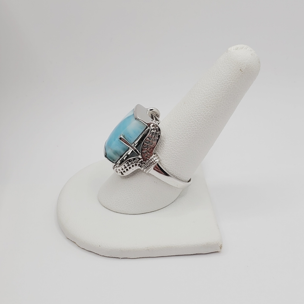 925 Sterling Silver Genuine Rectangle Blue Larimar Statement Ring - Picture 6 of 9